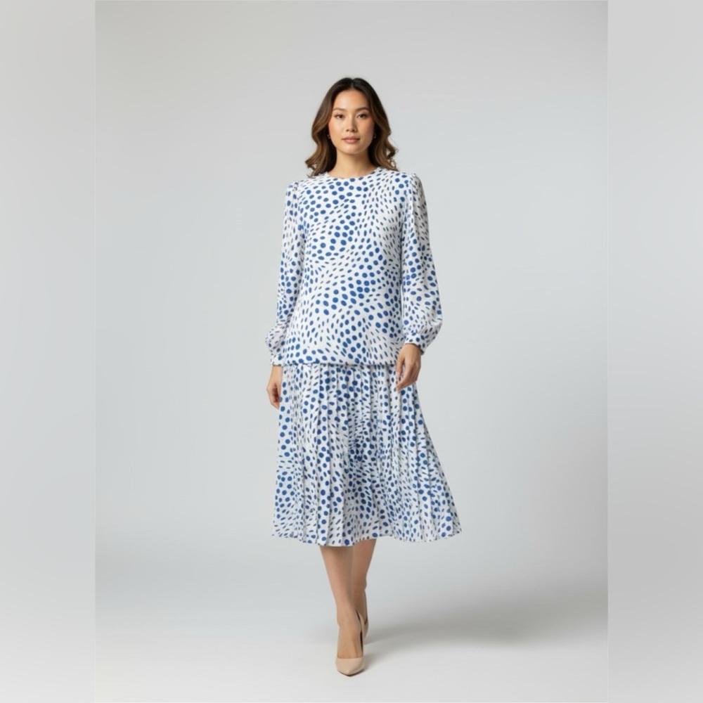 NWT Jo Hanna York by Joan Davis Women‎ 10 Pleated Dress White Blue Dots 90’s
